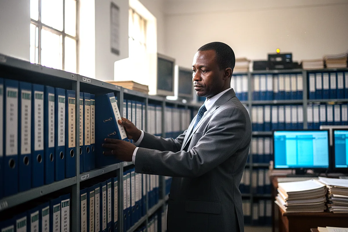 An internal auditor returns a labelled file to a long shelf of identical files