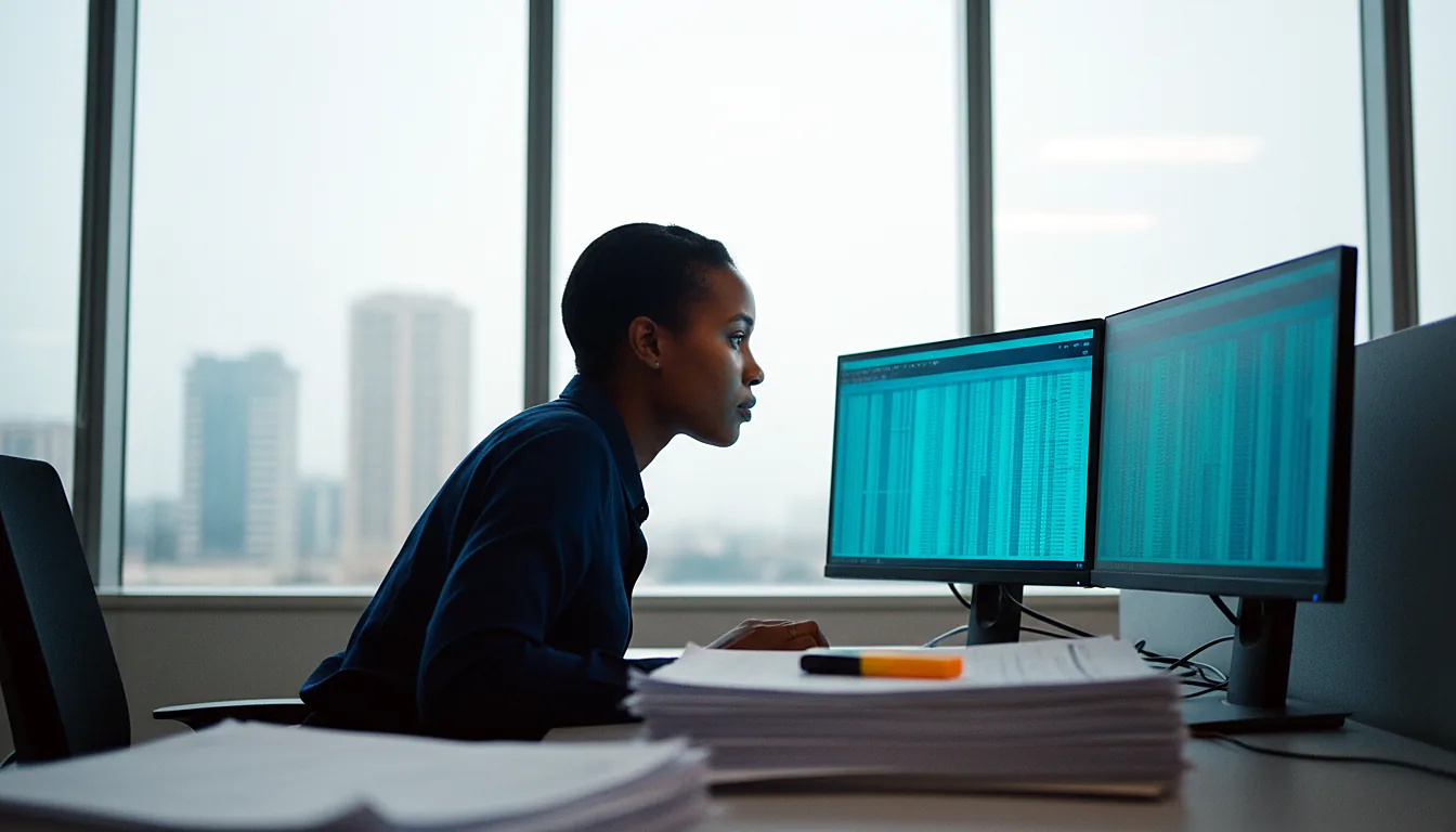 A reconciliation analyst at a bank operations floor at dawn, two monitors of figures, settlement printouts in the foreground