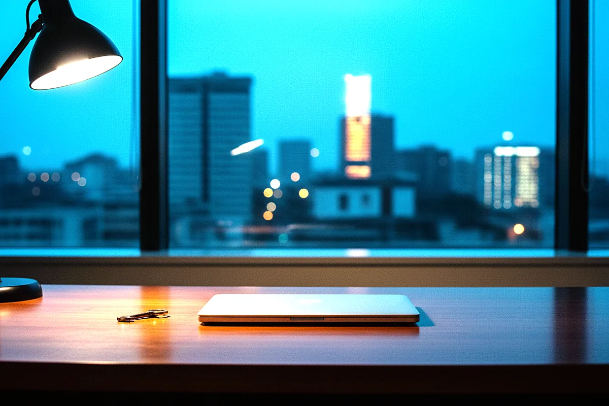 A closed laptop on a desk in an empty bank office after hours, a small key beside it
